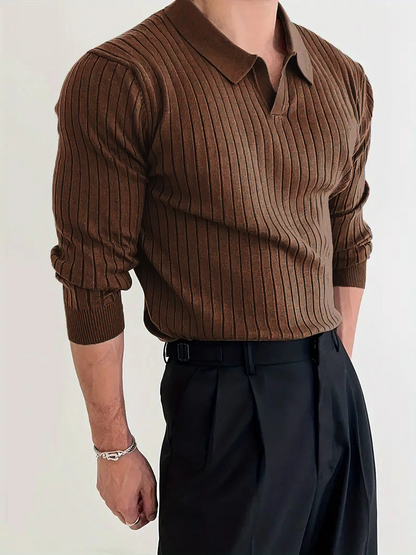 Fine Ribbed Knit Polo With Long Sleeves